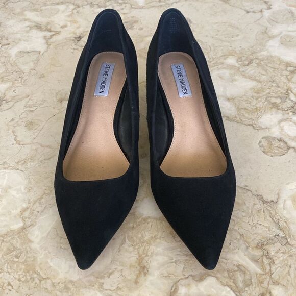 Steve Madden Sabrinah Sleek Black Suede Leather Kitten Heel Pointed Toe Pumps - Picture 4 of 12
